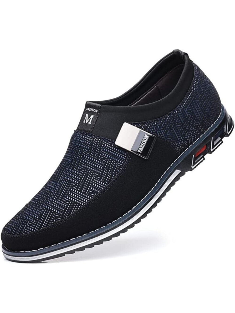 Men Blue Herringbone Tweed Slip-on Low-heel Silver Hardware Office Dress Loafer